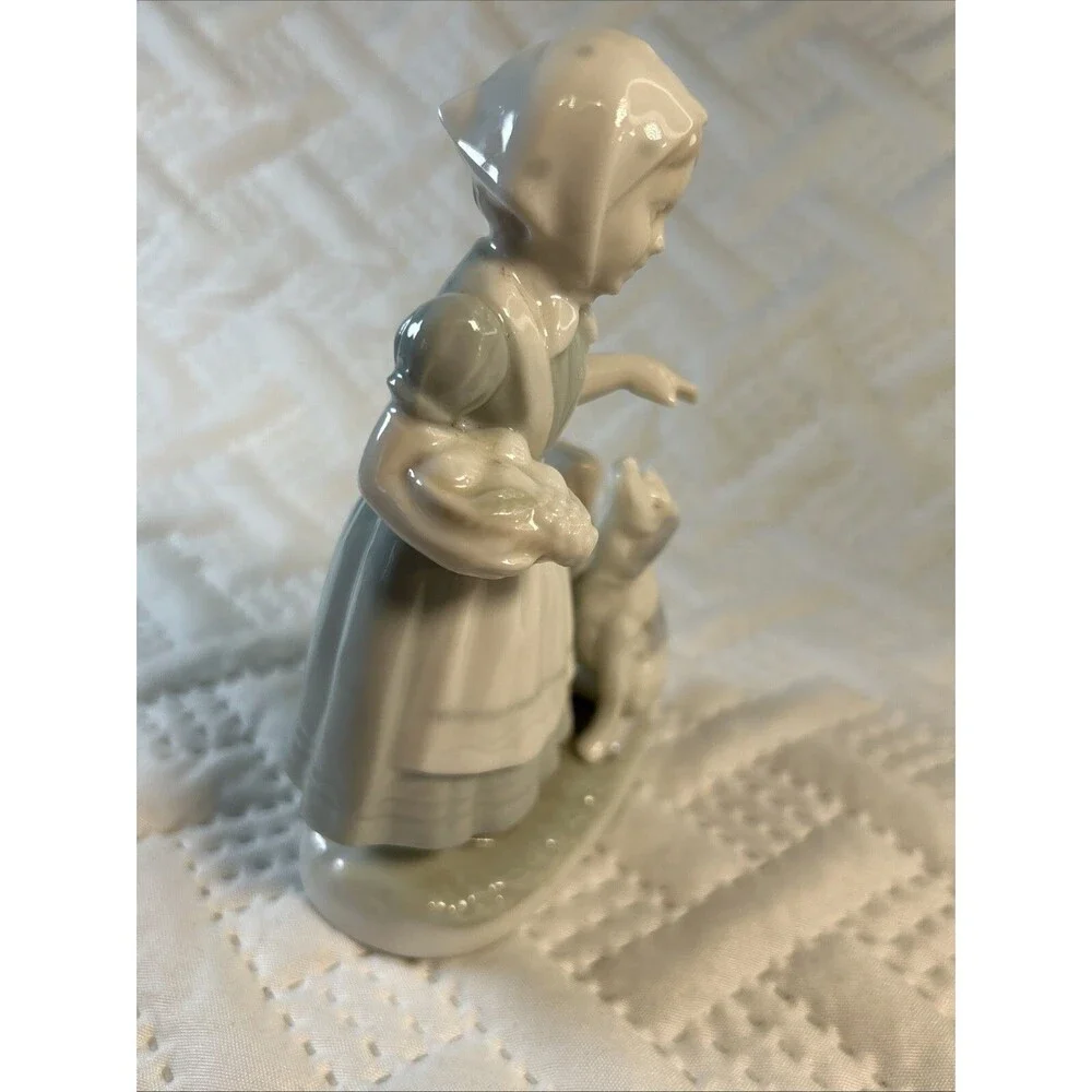 Vintage Porcelain Japan  Blue and White Dutch Girl with Dog Figurine Decor